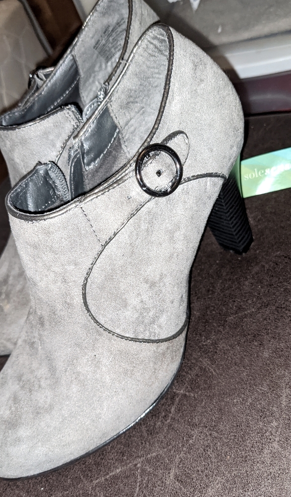 Gray suede short heel booties
